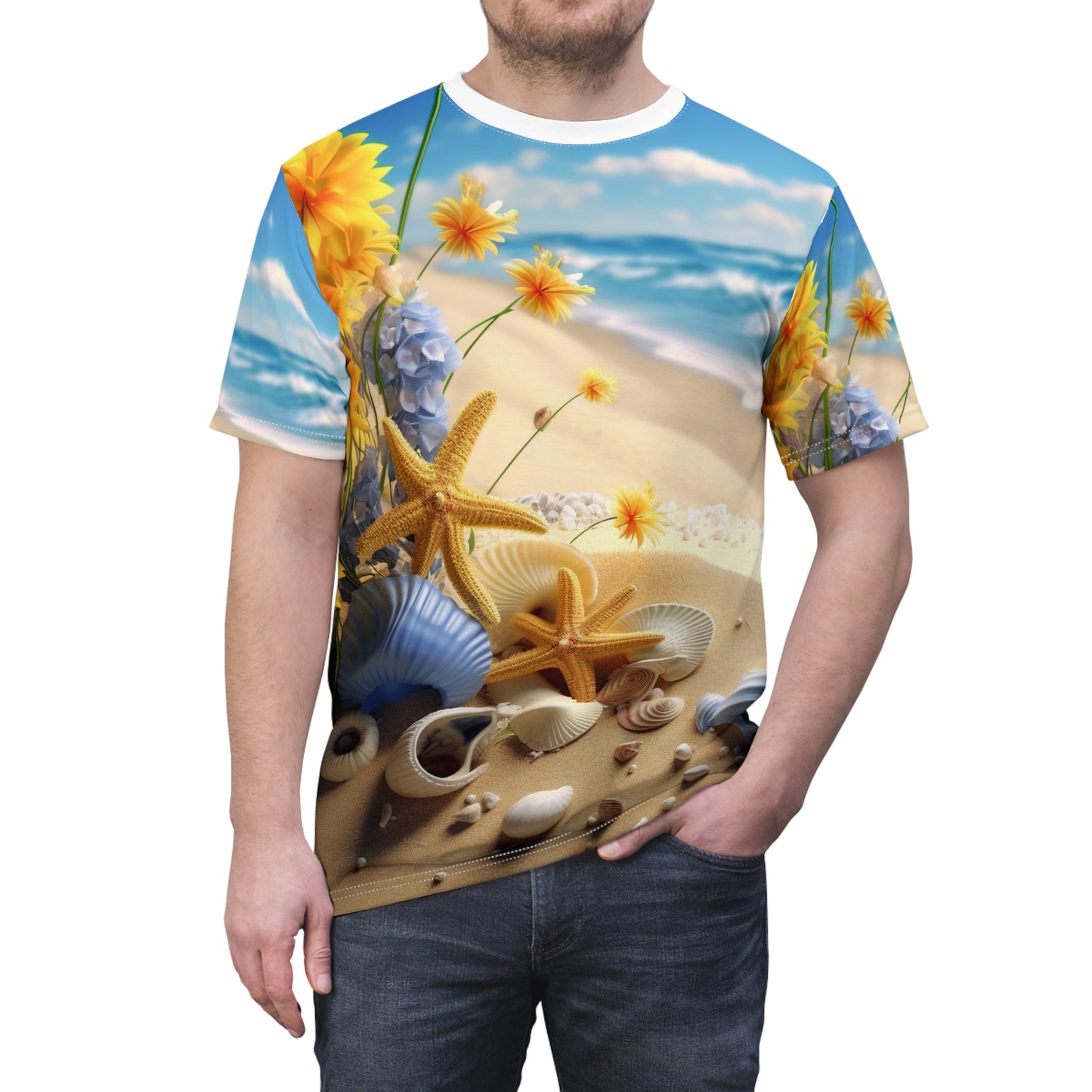 3D Beach Style, Abstract Style, Ocean Design, Sand and Waves, Unisex Cut & Sew Tee