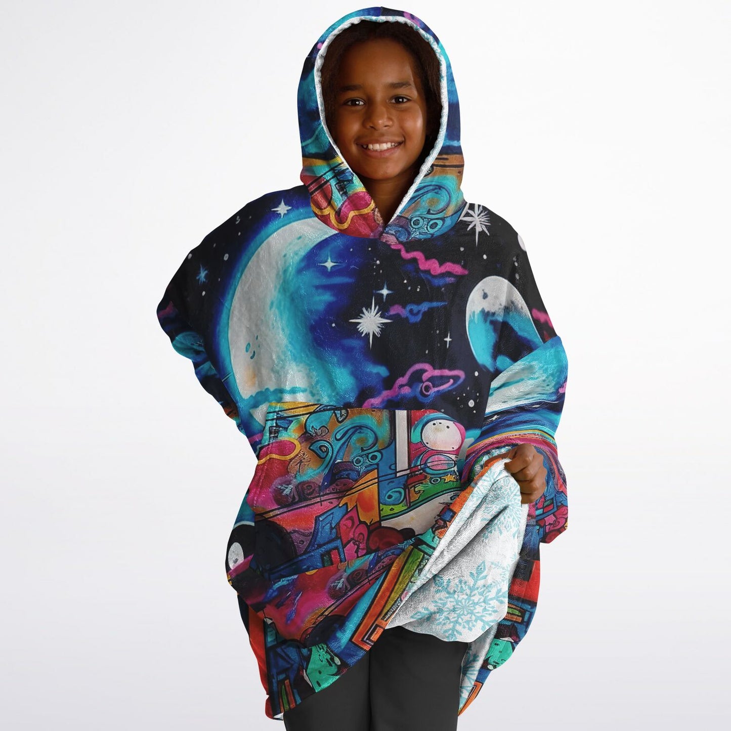 Youth Reversible Snug Hoodie, Graffiti Moon Style, Snow Flake Design