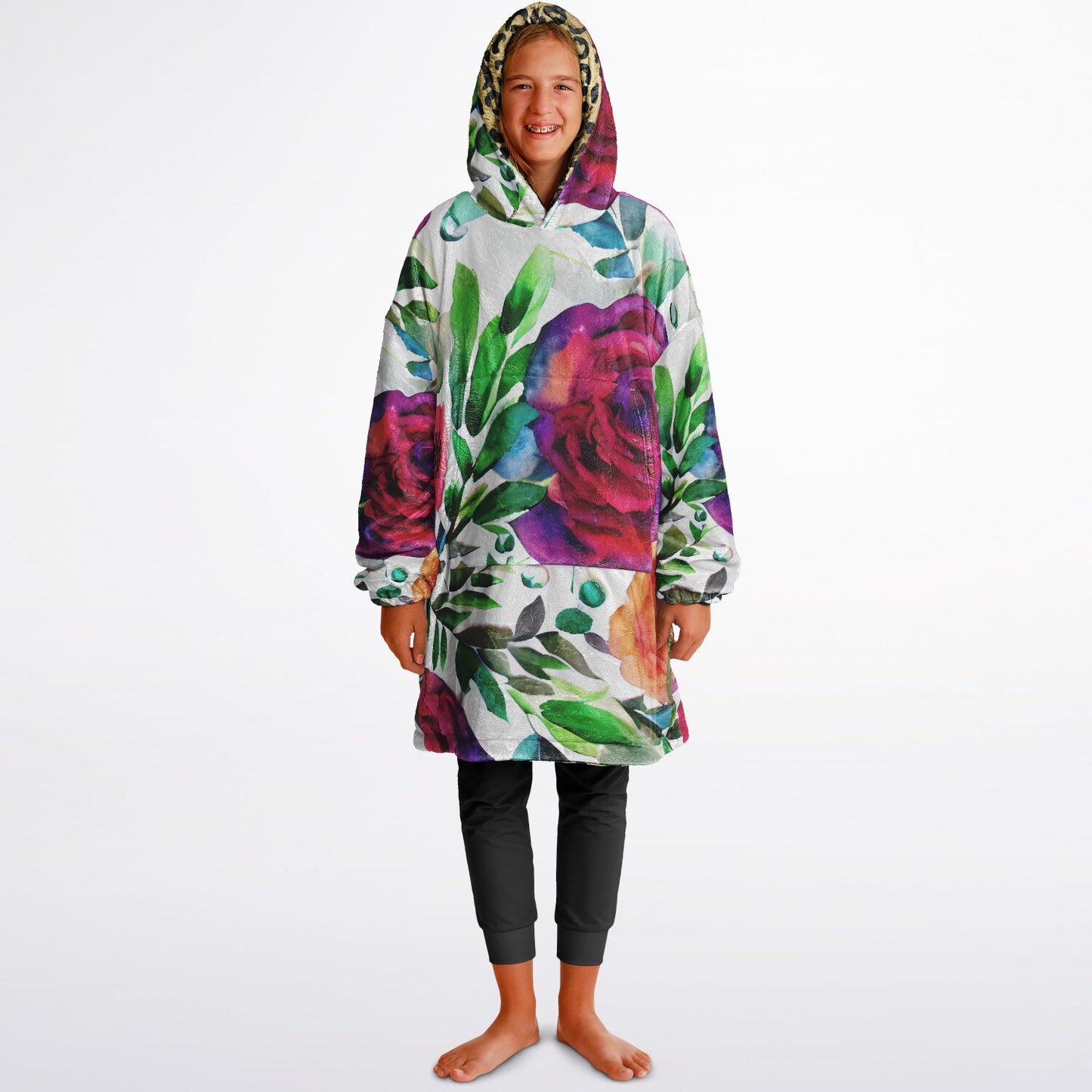 Youth Reversible Snug Hoodie, Leopard Design, Floral Design